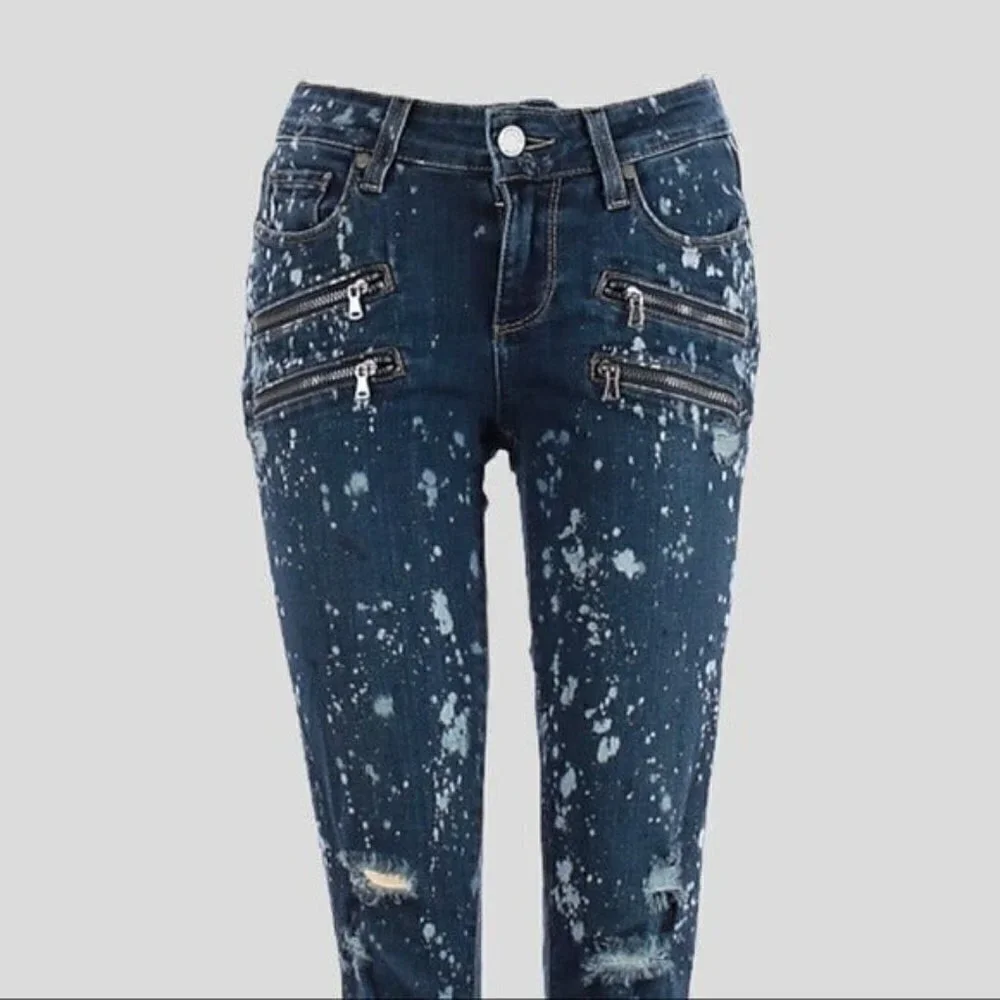 Paige Edgemont Acid Paint Splatter Moto Zip Distressed Skinny Jeans 25 Low Rise